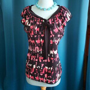 Alfani Pink & Black bow tie blouse with flutter sleeves – M